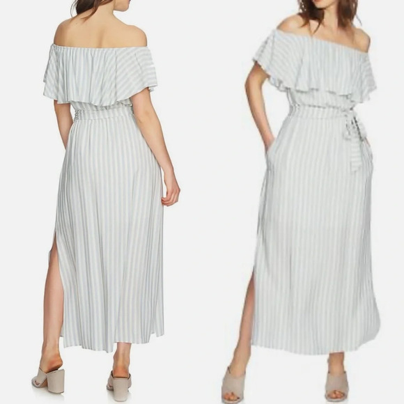 1. State Womens Blue White Striped off Shoulder Short Sleeve Dress Size S - Picture 1 of 6